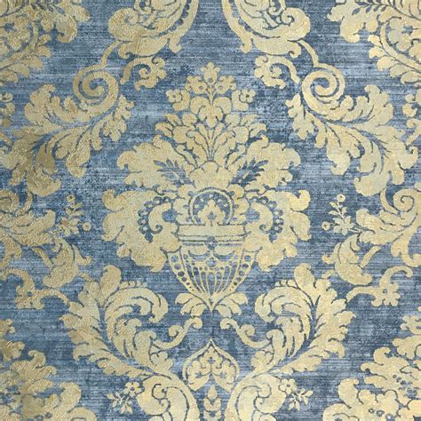 75902 Blue Gold Damask Metallic Wallpaper Faux Plaster Textured