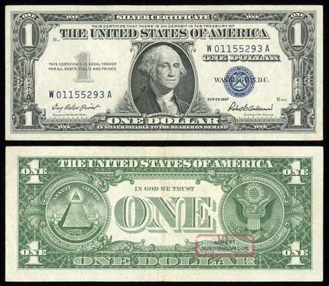 1957 1 00 One Dollar Silver Certificate United States Currency Blue