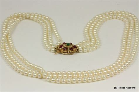 Triple Pearl Strand Necklace With Ruby Clasp Necklacechain Jewellery