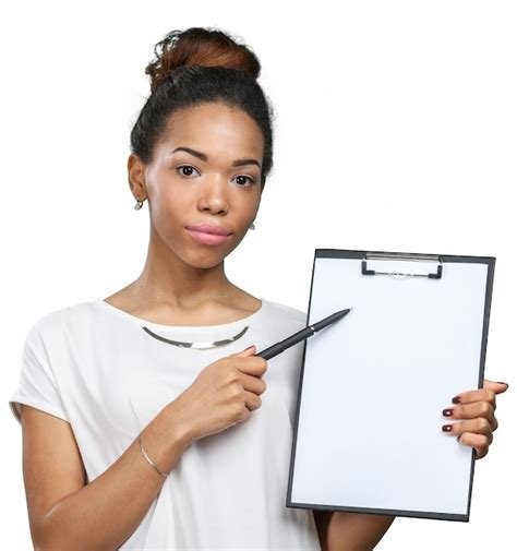 Premium Photo Young Beautiful African American Woman With Clipboard