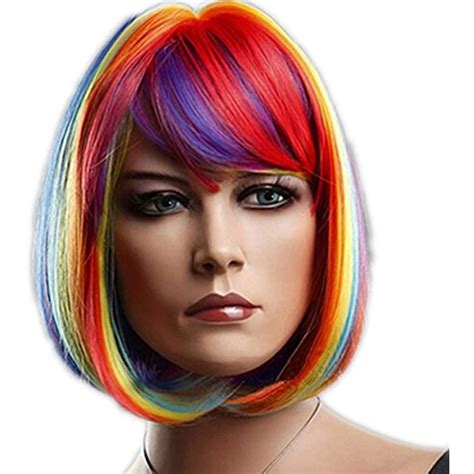 Superwigy Synthetic Rainbow Multi Color Cosplay Wigs Short Bob Full Wig