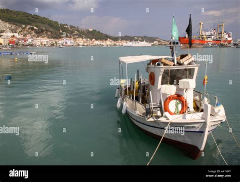 A Traditional Greek Fishing Boat In Zakynthos Harbour Stock Photo Alamy