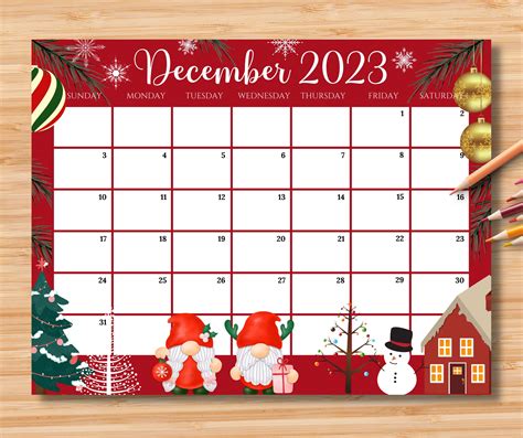 Editable December 2023 Calendar Colorful Christmas With Cute Etsy In