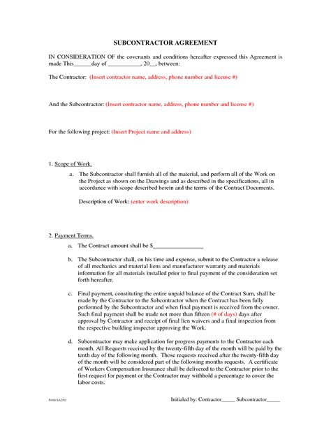 Subcontractor Agreement Form Free Printable Documents