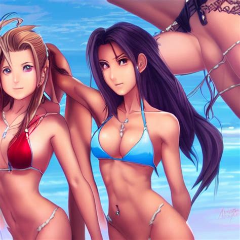 Prompthunt Beautiful Aerith And Tifa And Jessie From Final Fantasy In A Bikini On The Beach