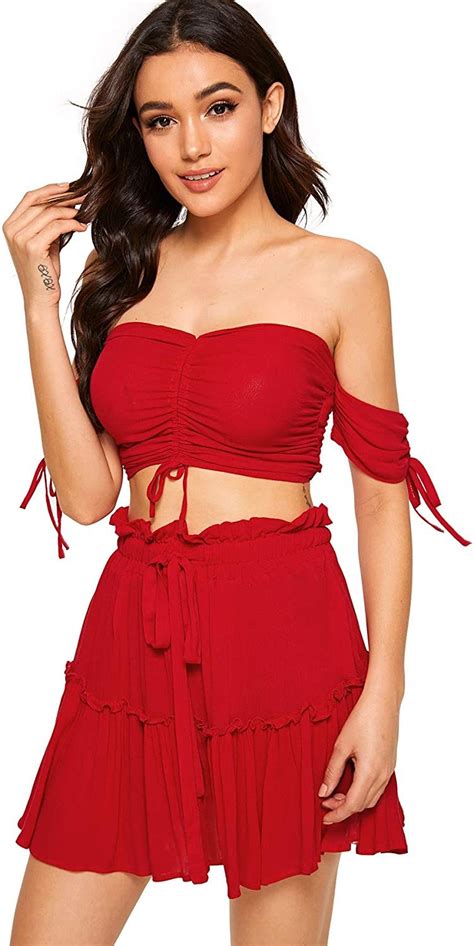 Floerns Two Piece Outfit Off Shoulder Drawstring Crop Top And Skirt Set