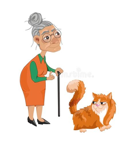 Old Lady And A Cat Vector Cartoon Character Detailed Illustrations