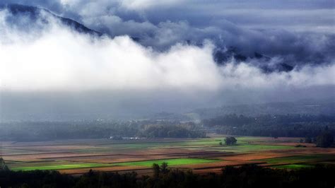 Beautiful Farm And Forest Landscape Under The Clouds In