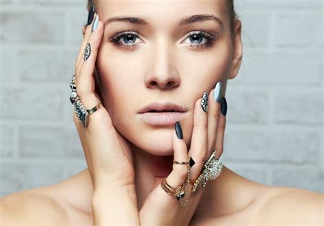 Beautiful Woman Hands With Jewelry Rings Stock Photo Image Of