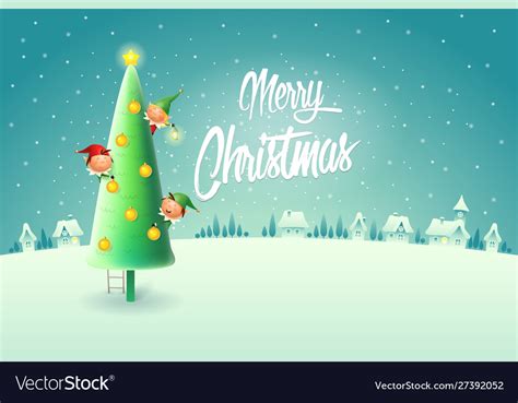 Elves Decorating Christmas Tree Merry Christmas Vector Image