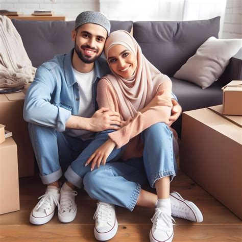 Fröhliche Junge Muslimische Familie Ehemann Und Ehefrau Im Hijab Posieren Während Sie In Ihre
