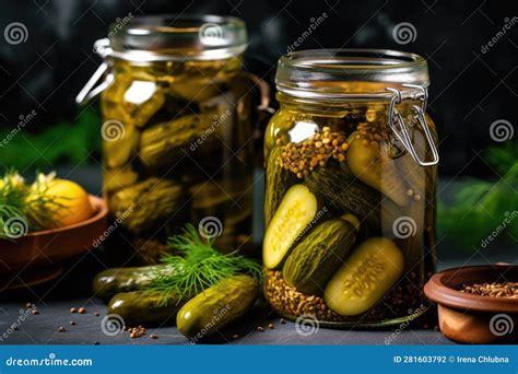 Glass Jar Of Pickled Gherkins With Spices Generative Ai Stock