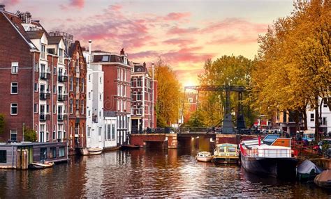 Amsterdam Netherlands Autumn Sunset Scene With Scenic Channels Stock