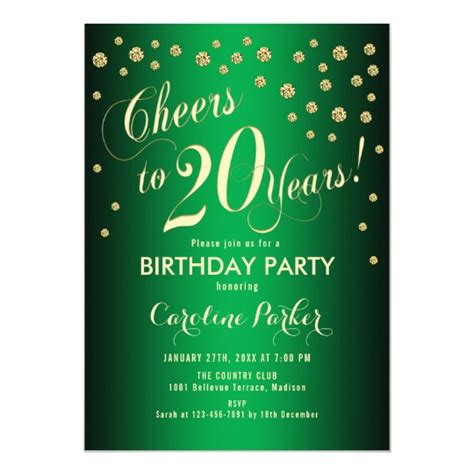 20th Birthday Party Gold Green Invitation