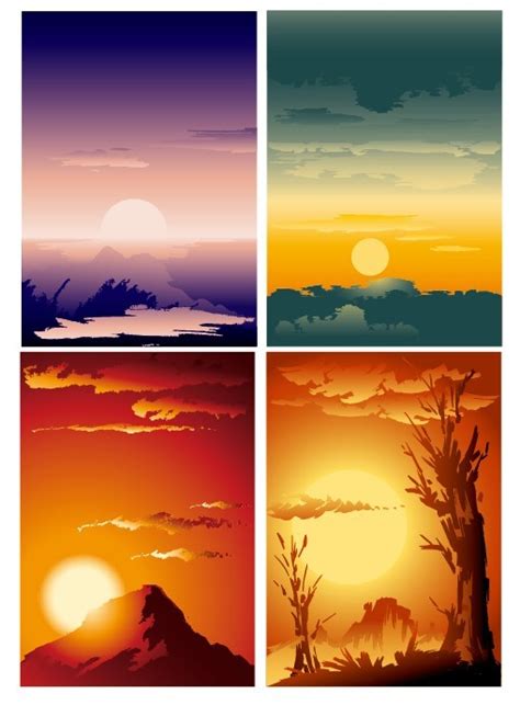 Free Set Of 4 Vector Sunrise And Sunset Landscape Backgrounds Titanui