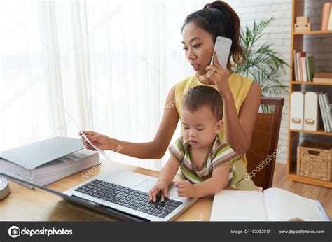 Vietnamese Young Woman Working Home Baby Playing Laptop — Stock Photo