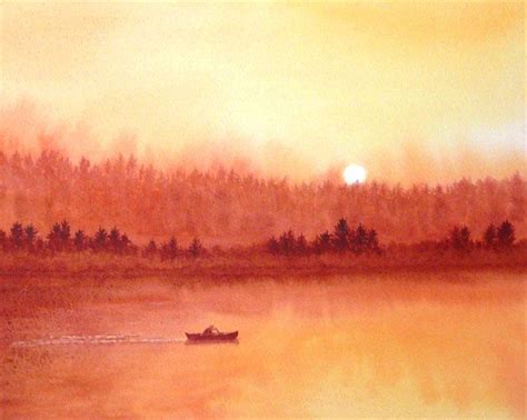 Monochromatic Sunset Boater On Lake Watercolor Monochromatic
