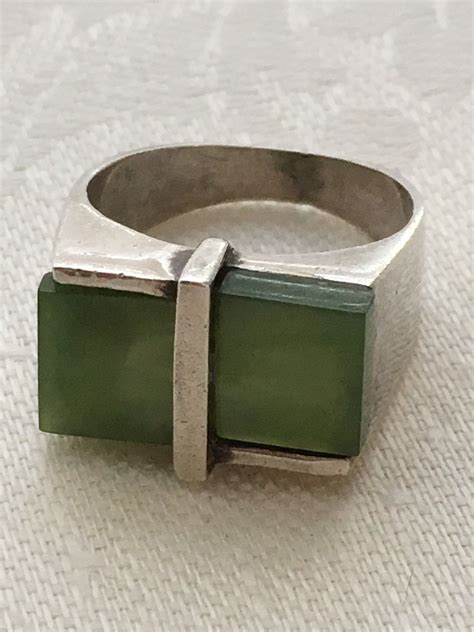 Vintage Modernist Sterling Silver Ring With Two Green Stones Sterling
