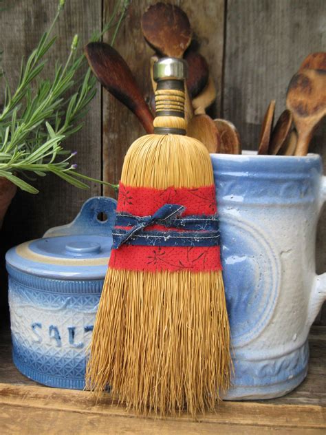 Prim Antique Whisk Broom W Late 1800s Blue And Red Calico Whisk Broom
