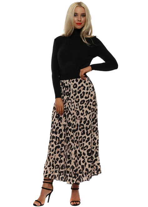 Beige Leopard Print Pleated Maxi Skirt