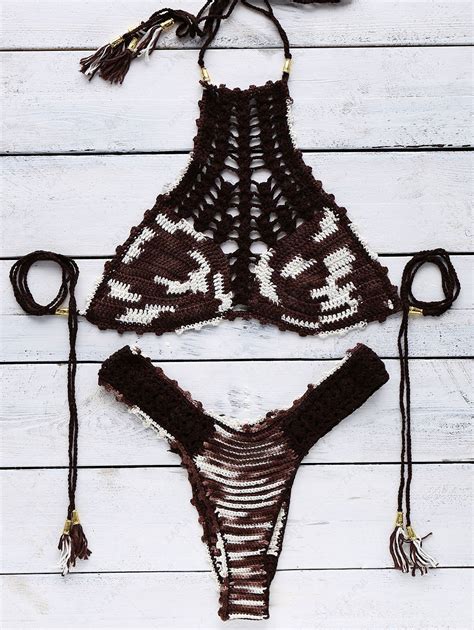 [22 off] 2021 hollow out high neck crocheted bikini set in coffee zaful