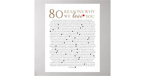 80 Reasons Why We Love You 70th 60th 50th Birthday Poster Zazzle