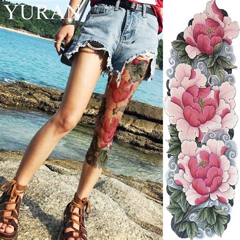 Watercolor Lotus Flower Temporary Tattoo Stickers Leaves Women Full Leg