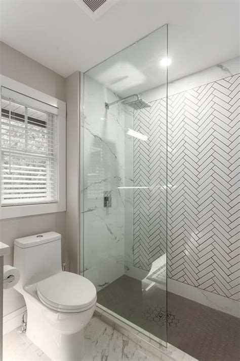White Herringbone Shower Accent Wall Tiles With Gray Grout
