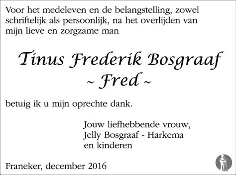 Tinus Frederik Fred Bosgraaf Overlijdensbericht En