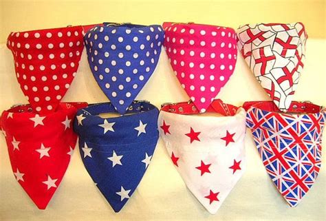 Six Bandanas Are Lined Up On A White Tablecloth With Red White And