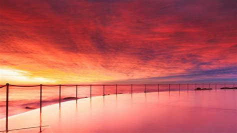 Australia Ocean Beach Pool Evening Sunset Red Sky Clouds Wallpaper