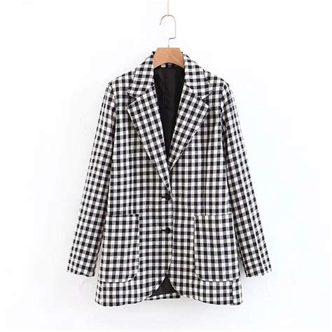 Women Black And White Plaid Suits Blazer Office Work Wear Checked Coat