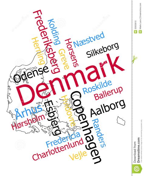 Denemarken bestaat uit vasteland, een enorme landtong, en enkele honderden eilandjes eromheen. De Kaart En De Steden Van Denemarken Vector Illustratie ...