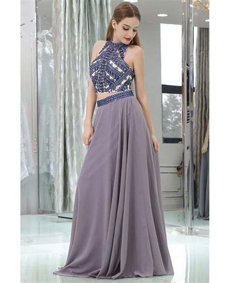 Long Chiffon Sexy Two Piece Unique Prom Dress With Crystals B035
