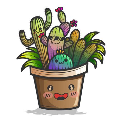 Kawaii Style Cactus Plant With Happy Faces 1180994 Vector Art At Vecteezy