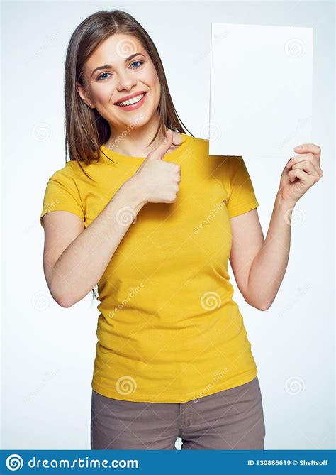 Beautiful Young Woman Holding White Blank Sign Board Stock Image