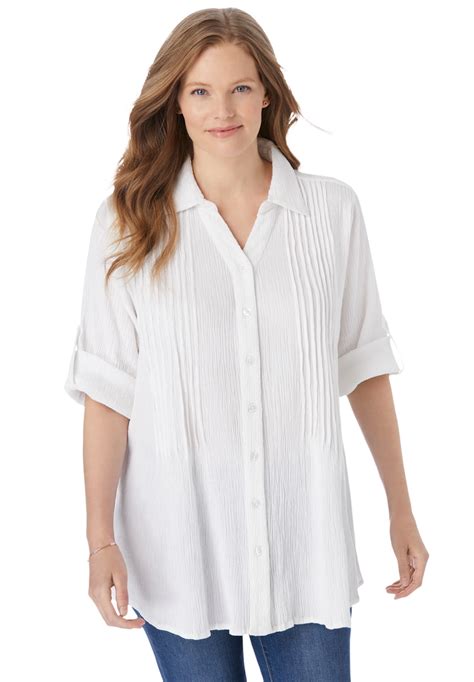 Woman Within Women S Plus Size Pintucked Button Down Gauze Shirt Shirt Walmart