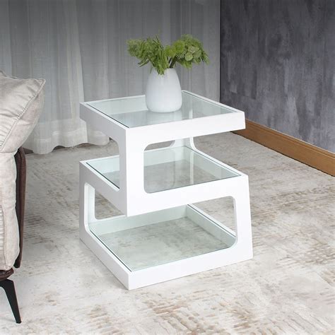 White Modern Unique Square Side Table Storage End Table With Shelf 3