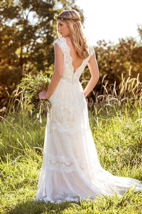 V Neck Long Cap Sleeve Appliqued Laceandtulle Wedding Dress Mk703210