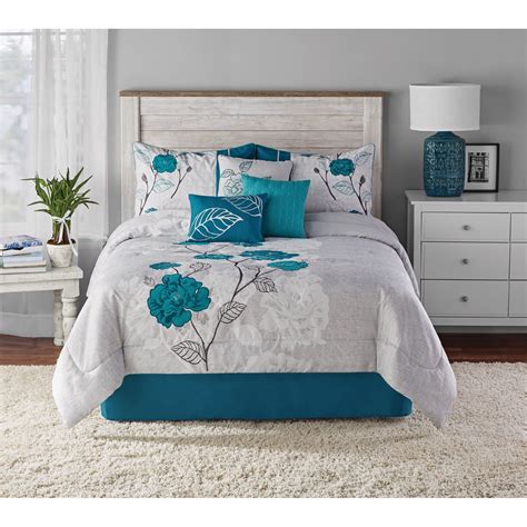 Mainstays 7 Piece Teal Roses Comforter Set With Dec Pillows Bed Skirt