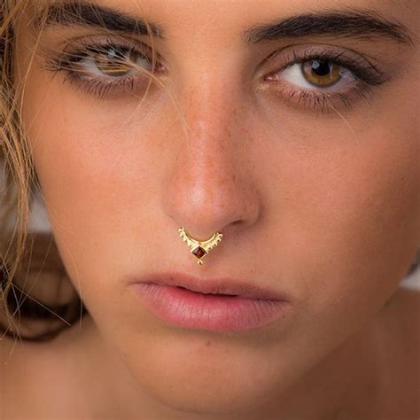 Unique Septum Ring Gemstone Gold Ring Gemstone Septum Tribal Gold Nose Ring Indian Septum