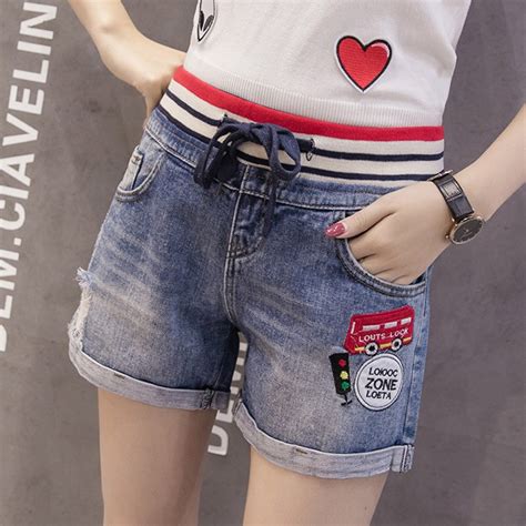 High Quality 2017 Casual High Waist Shorts Women High Waisted Denim Shorts Elastic Waist Jeans