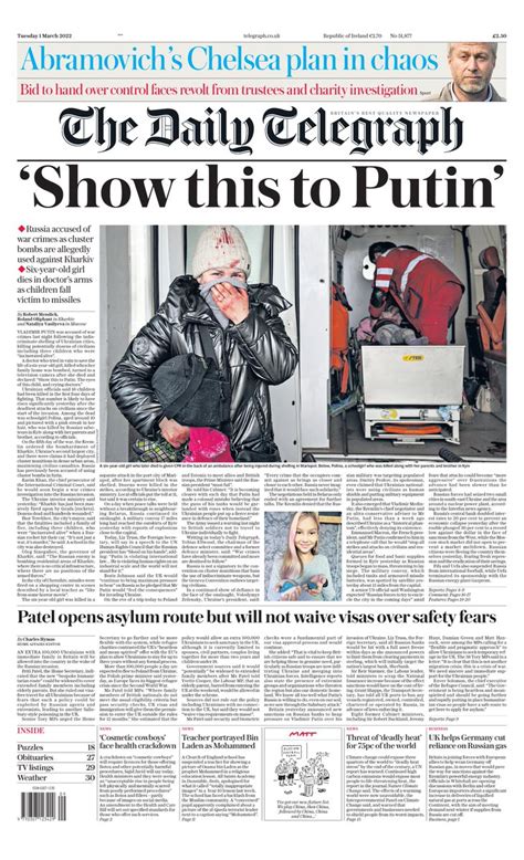Daily Telegraph Front Page 1st Of March 2022 Tomorrow S Papers Today