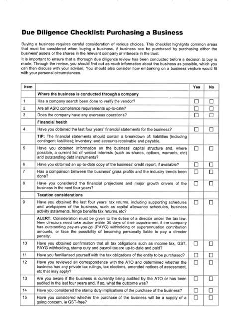 Due Diligence Checklist Purchasing A Business Printable Pdf Download