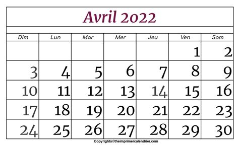 Avril 2022 Calendrier The Imprimer Calendrier