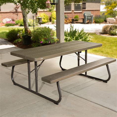 Lifetime 60105 30 X 72 Rectangular Brown Faux Wood Folding Picnic Table With Attached Benches