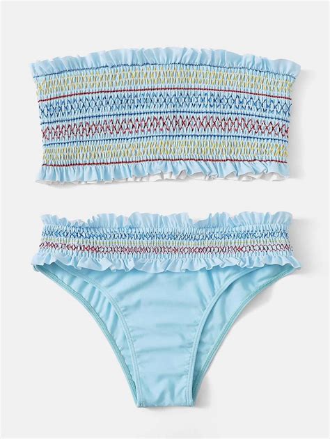 Blue Smocked Bandeau Swimsuit With Frill Trim Bikini Bottom Bikinis