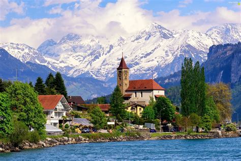 Lake Village Alps Switzerland Mountains Houses For Phone