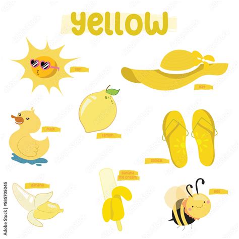 Vecteur Stock Set Of Yellow Color Objects Primary Colours Flashcard