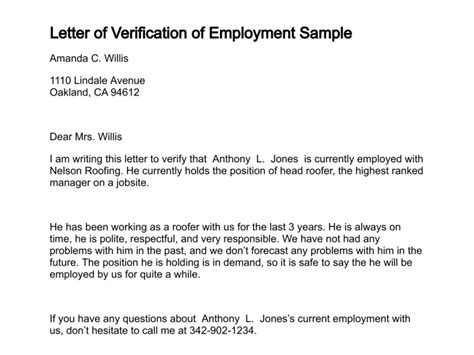 Free Printable Letter Of Employment Verification Form Generic
